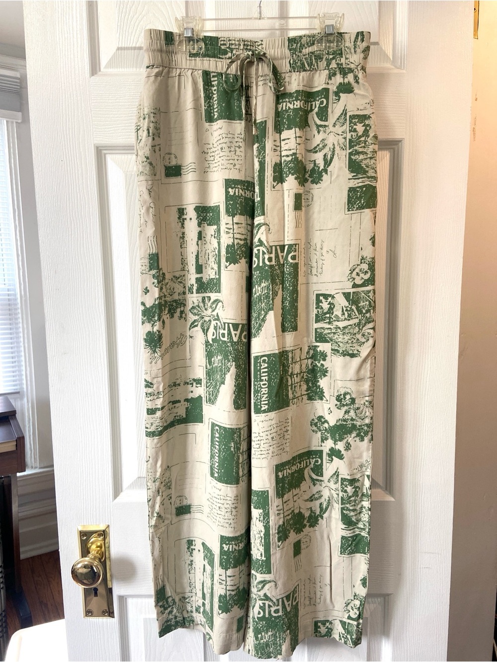 Urban Outfitters Cream Wide-Leg Pants with Green Postcard Graphic Print, S-P